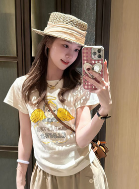 欧洲站2026夏季新款 设计师款小众做旧可爱天使宝宝印花短袖T恤女