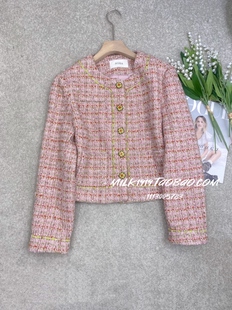 圆领小香风撞色粗花呢编织粉色短外套 欧洲站小众设计师早春新款