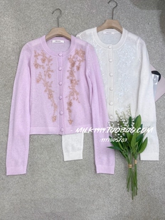 欧洲站小众设计师早春新款 外套 圆领重工时髦钉珠花朵针织羊毛开衫