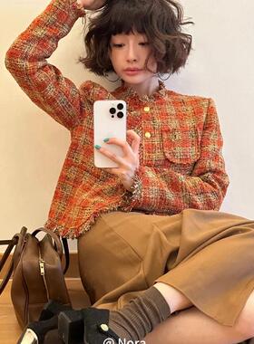 欧洲站小众设计师早秋新款复古格纹粗花呢毛边法式小香风气质外套