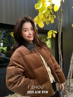 小众绵羊皮领灯芯绒鹅绒羽绒服外套 设计师款 欧洲站2025冬季 新款