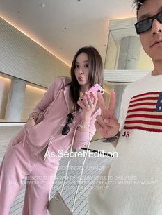 欧洲站早春新款炸街时尚休闲连帽卫衣套装减龄阔腿裤洋气粉色套装