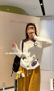 宽松上衣 撞色卡通刺绣贴布翻领针织开衫 欧洲站小众设计师冬季 新款