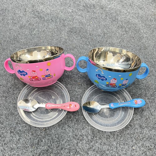 儿童碗防摔婴儿吃饭碗宝宝餐具辅食碗卡通不锈钢带盖子防烫碗钢叉