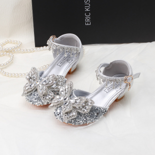 女童水晶鞋高跟公主鞋春夏季水钻凉鞋模特演出皮鞋银色花童礼服鞋