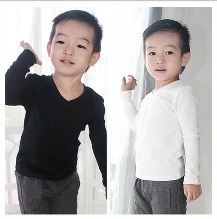 长袖V领儿童T恤纯棉白色打底衫