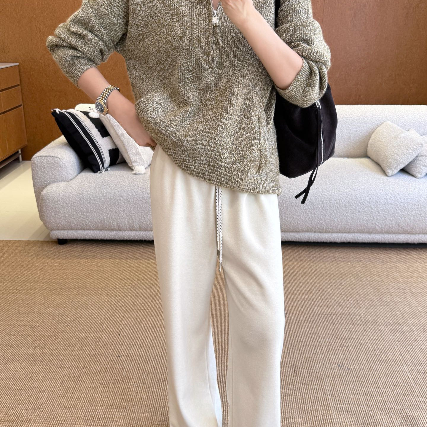 复古半拉链彩纱翻领羊毛针织衫女