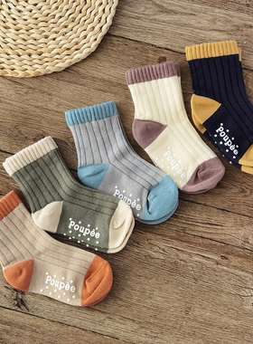 caras韩国进口儿童秋冬螺纹袜子男童棉袜拼色洋气学院宝宝中筒袜