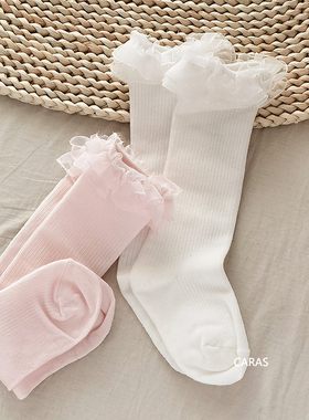 韩国KidsFUTURE儿童袜子夏薄款儿童花边及膝袜薄款螺纹棉袜半腿袜