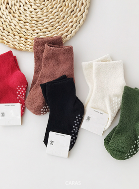 caras韩国儿童珊瑚绒袜子秋冬保暖睡眠宝宝防滑中筒袜地板袜婴儿