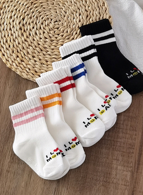 caras韩国进口儿童两道杠袜子棉袜春秋潮ins中筒袜学院白色运动袜