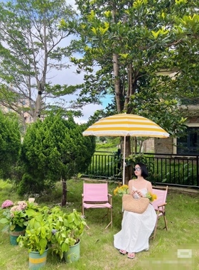 靠墙室外遮阳伞伸缩沙滩伞花园蓝白条流苏伞别墅奶茶店升降中柱伞