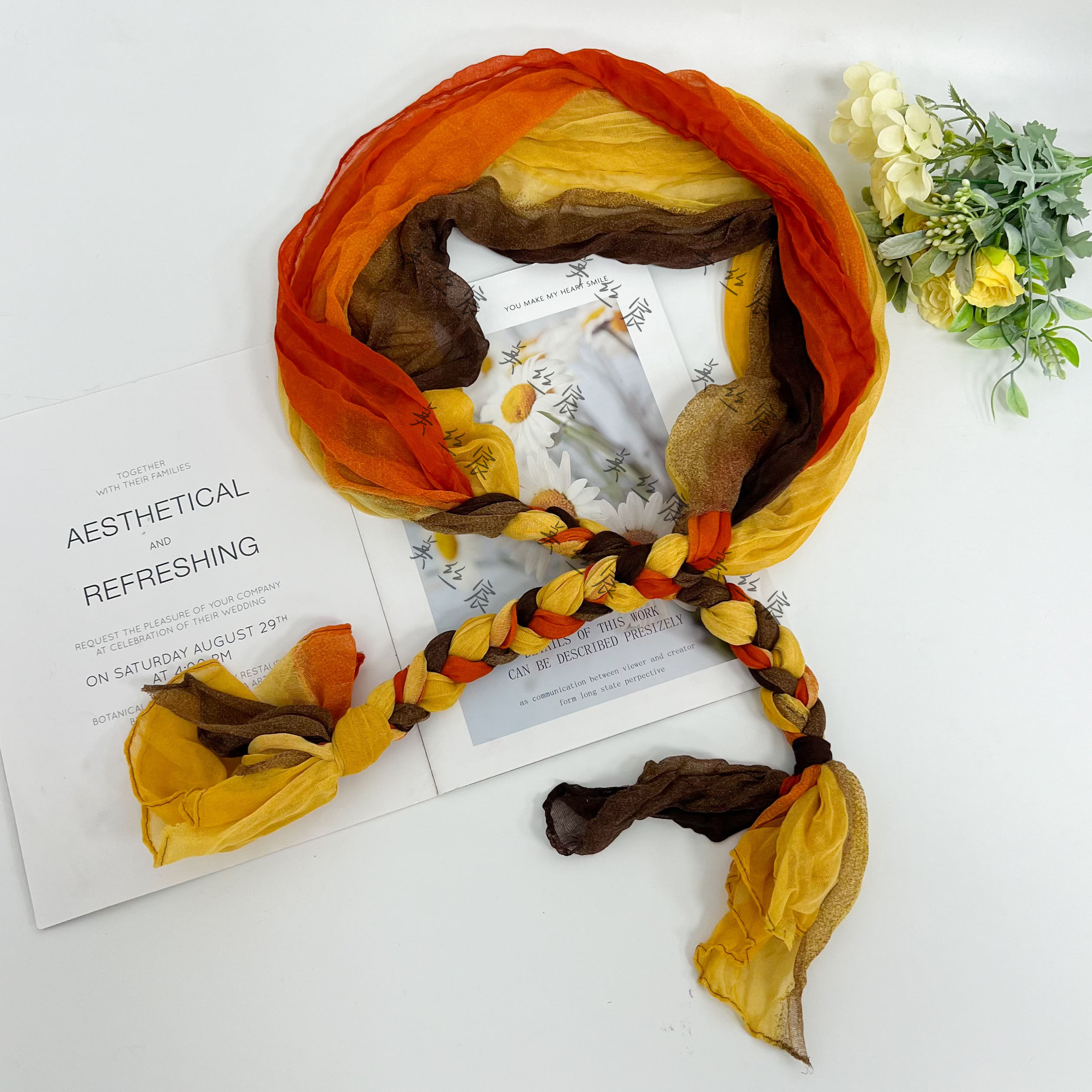 美丝宸新款多功能手工编织小辫子丝巾时尚百搭包头巾女士渐变围巾