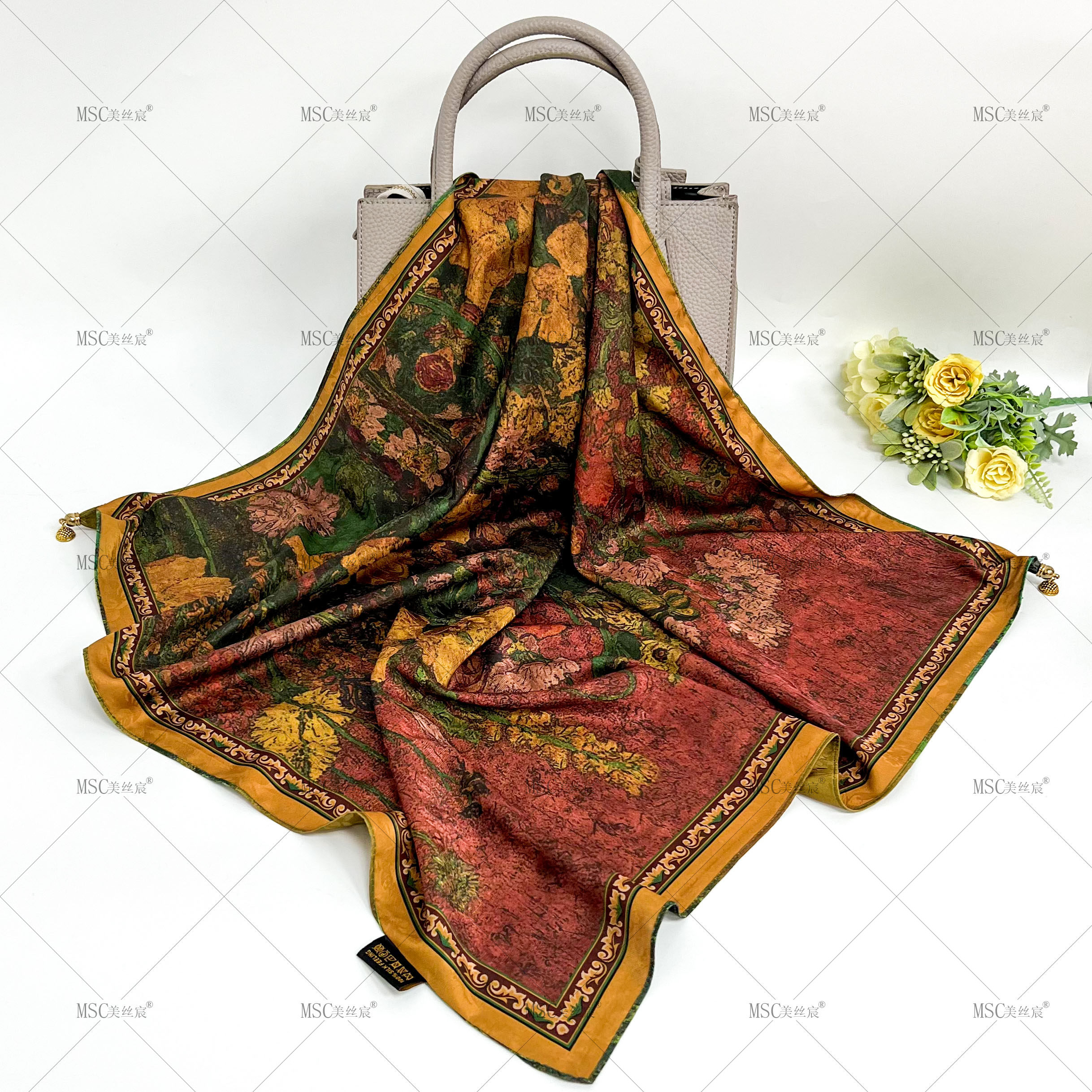美丝宸高定70双面双色香云花萝磁力扣方巾高雅女士提花丝巾领巾