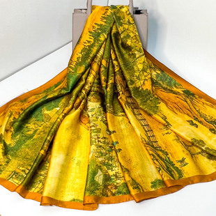 美丝宸清明上河图黄色80*180天丝缎长巾高档气质长款丝巾四季可用