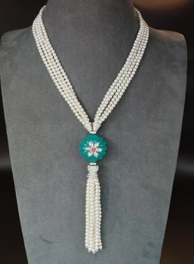 新款国风铜镀白金琉璃珍珠时尚轻奢唯美中长款流苏吊坠项链耳钉