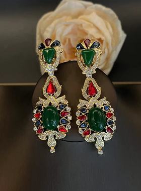 vintage书册款优雅时尚文艺复古水滴耳环法式锆石耳夹欧美宫廷风