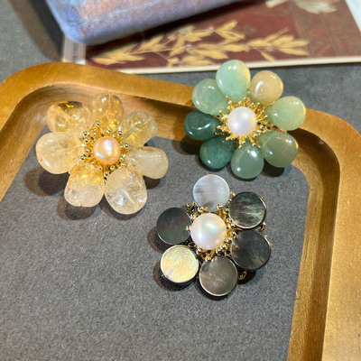 花朵手工天然石黄水晶绿东陵天然珍珠小众设计感轻奢高级胸针女