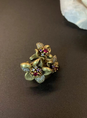 青岛花朵铜镶锆石戒指耳钉古风丁香花戒指耳饰