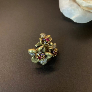 青岛花朵铜镶锆石戒指耳钉古风丁香花戒指耳饰