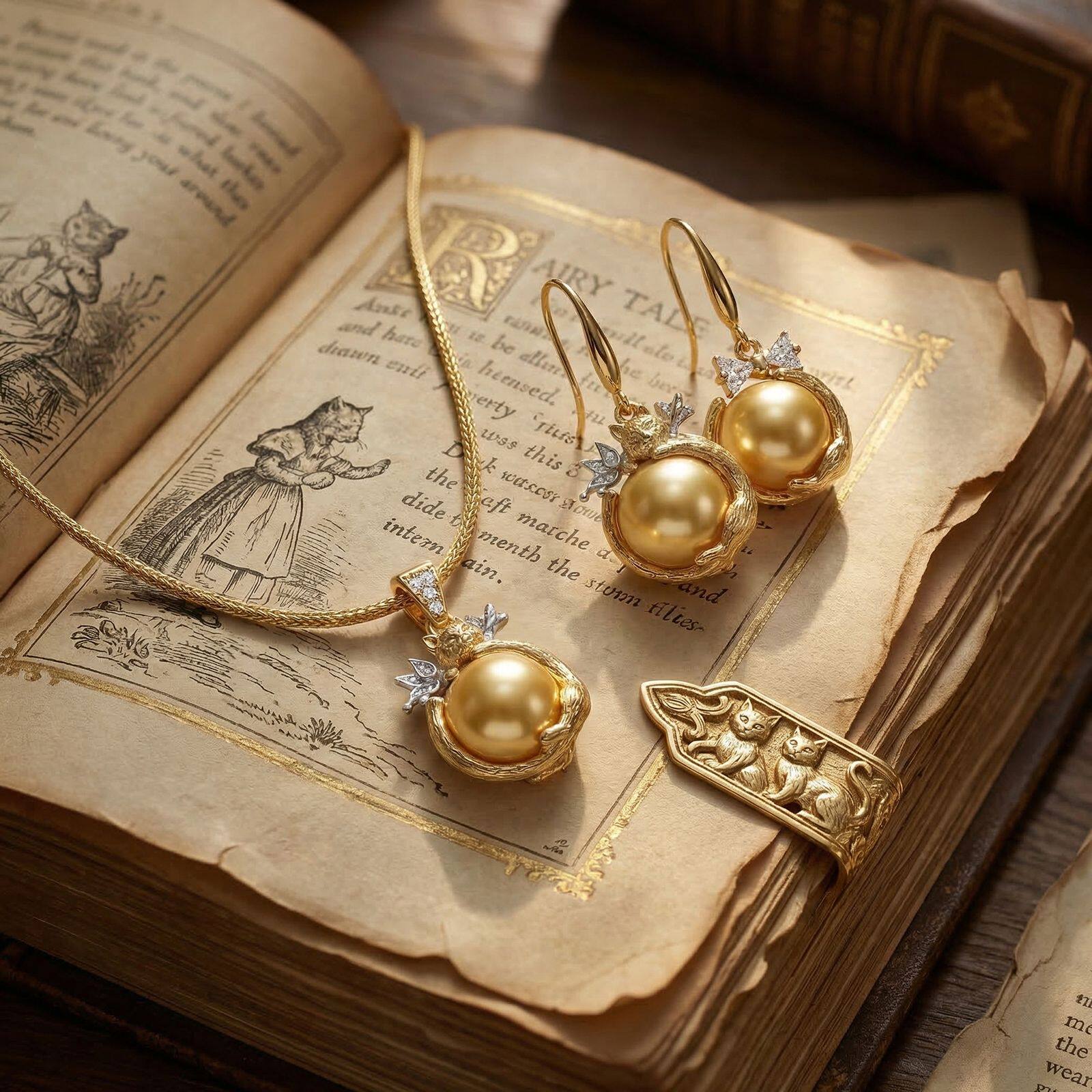 青岛中古蝴蝶结猫咪抱珠耳钉项链琉璃珍珠套装轻奢精致时尚百搭