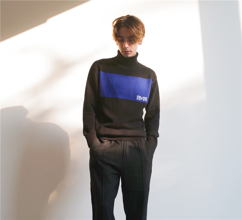 nyqk fw20 和平鸽刺绣 男士针织撞色套头羊毛衫 蓝黑配色高领毛衣