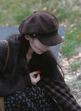 partyme美拉德棕咖色贝雷帽女秋冬八角帽显脸小报童画家帽子鸭舌