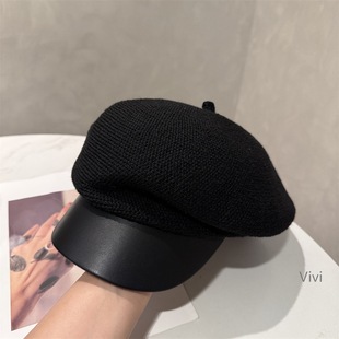 partyme手工编织针织pu皮鸭舌帽贝雷帽女秋冬显脸小英伦风画家帽