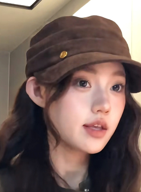 partyme复古英伦画家帽休闲显脸小遮阳女报童帽平顶褶皱麂皮绒秋