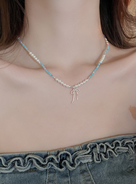 简约仿珍珠米珠蝴蝶结项链套装小众设计感复古锁骨链新款颈链女