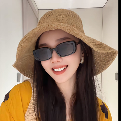 手工草编草帽女夏季10cm大檐遮阳可折叠海边渔夫帽度假沙滩太阳帽