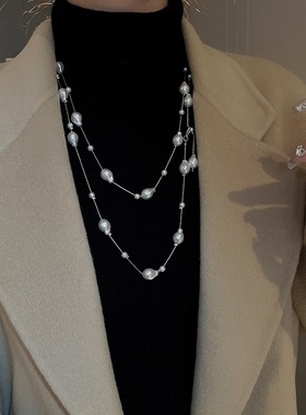 partyme手工高级感长款多层仿珍珠项链女可调节毛衣链气质百搭链