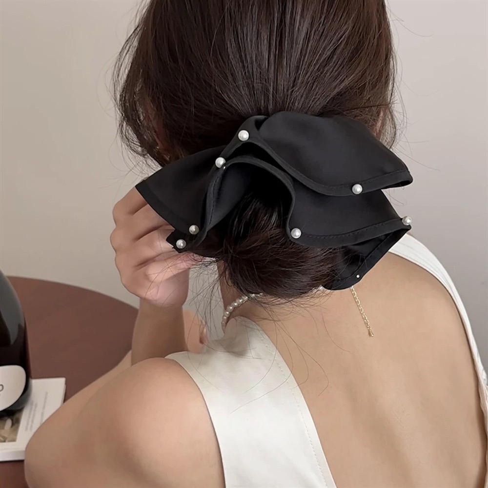 Partyme珍珠缎面肥肠发圈超大号复古气质褶皱花边头绳大肠气质女