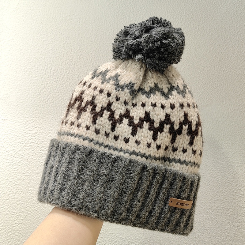 partyme网红毛球费尔岛毛线帽秋冬保暖加厚针织帽护耳帽女学院风