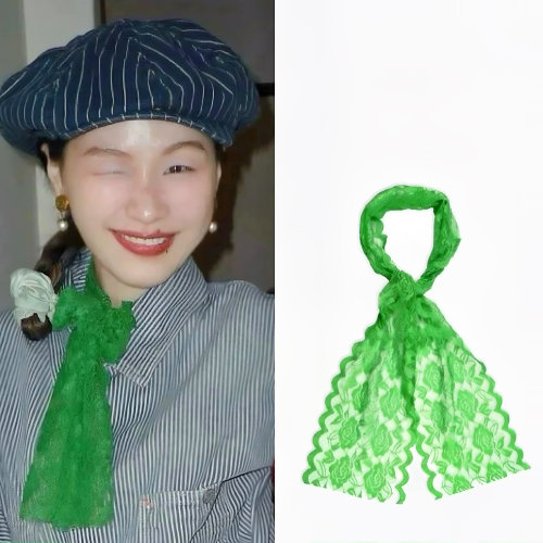 金靖同款绿色蕾丝花朵丝巾围巾百搭复古高级感配饰中古风玫瑰花朵