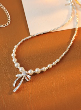 名媛小香风蝴蝶结吊坠仿珍珠项链女轻奢小众高级感颈链锁骨链网红
