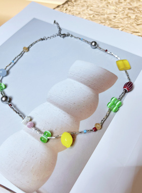 Partyme手工彩色多巴胺小众设计感串珠项链锁骨链甜美颈链春夏季