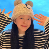 网红帽子女秋冬卡通针织毛绒护耳帽保暖毛线帽小熊套头帽女