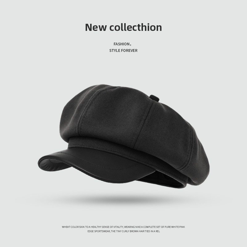 美拉德风八角帽英伦复古纯色毛呢拼PU皮简约百搭大头围鸭舌贝雷帽