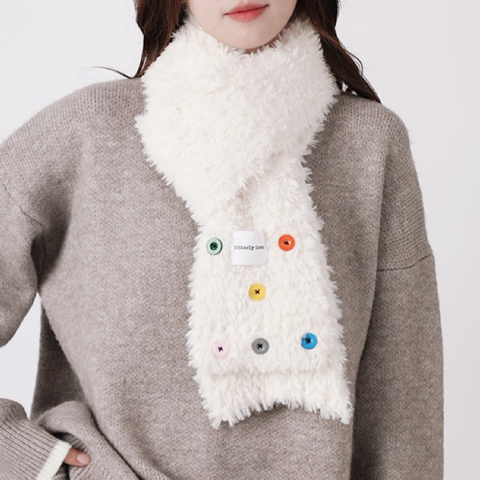 partyme手工彩色纽扣围巾女冬保暖毛绒围脖长款针织围巾软糯不扎