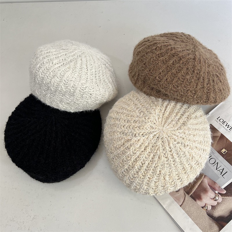 partyme手工纯色针织贝雷帽女秋冬季大头围八角帽显脸小画家帽子