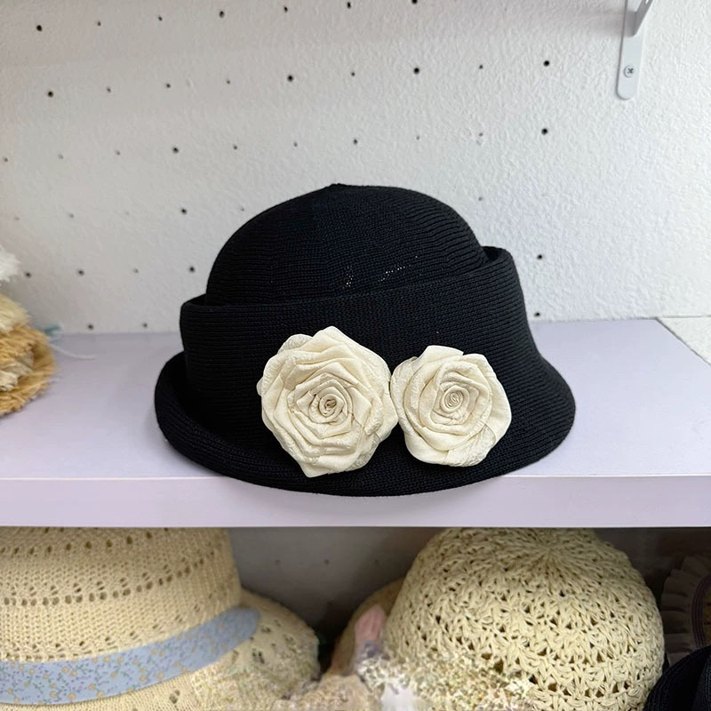 网红气质法式赫本风花朵优雅渔夫帽女盆帽草编沙滩小香风名媛风