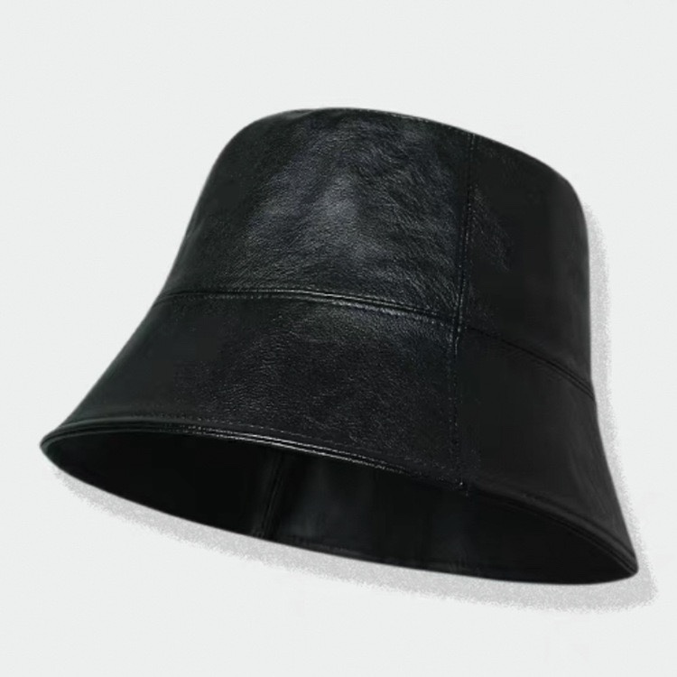 手工渔夫帽女pu皮休闲黑色水桶帽秋冬皮帽子显脸小盆帽