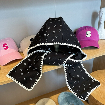 网红韩版笑脸法帽披肩针织一体围巾保暖连帽子新款针织秋冬围脖女