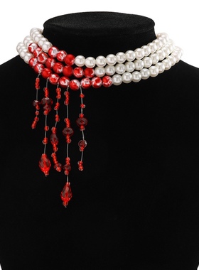 网红哥特风仿珍珠项链创意吸血鬼万圣节血滴流苏锁骨链显白多层