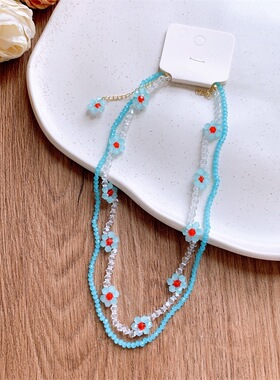 partyme手工蓝色串珠花朵项链女夏季小清新颈链小众设计锁骨双层