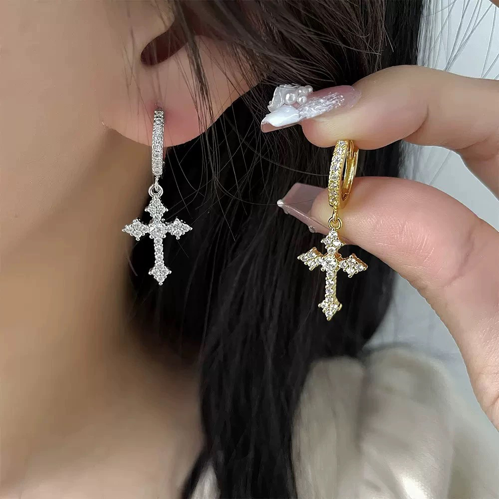 partyme手工镶钻不对称十字架耳钉耳扣个性时尚气质设计感耳饰女