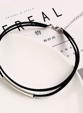 手工韩国简约黑色双层颈链锁骨链几何个性小众项链项饰女