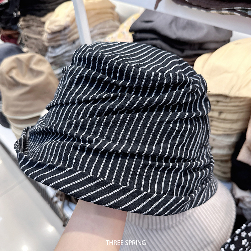 partyme手工复古条纹褶皱设计暗黑遮阳帽渔夫帽女百搭显脸小盆帽