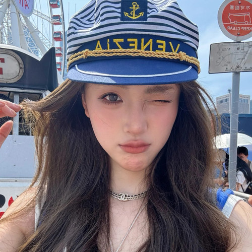 partyme手工贝雷帽女条纹复古英伦平顶船长帽派对水手帽鸭舌帽